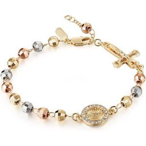 Crucifixed & Mary Rosary Bead Cross Adjustable Link Bracelet